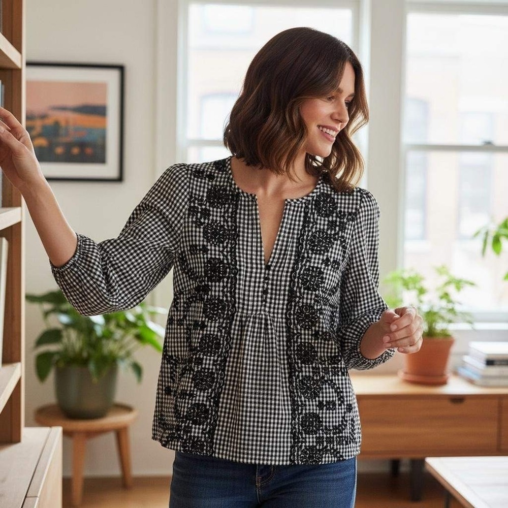J Crew Shirt Womens XS Black White Gingham Embroidered Boho‎ Peasant Blouse Top
